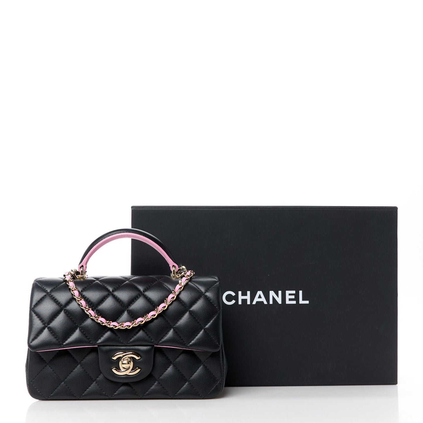 Lambskin Quilted Bi-Color Mini Top Handle Rectangular Flap Black Lilac