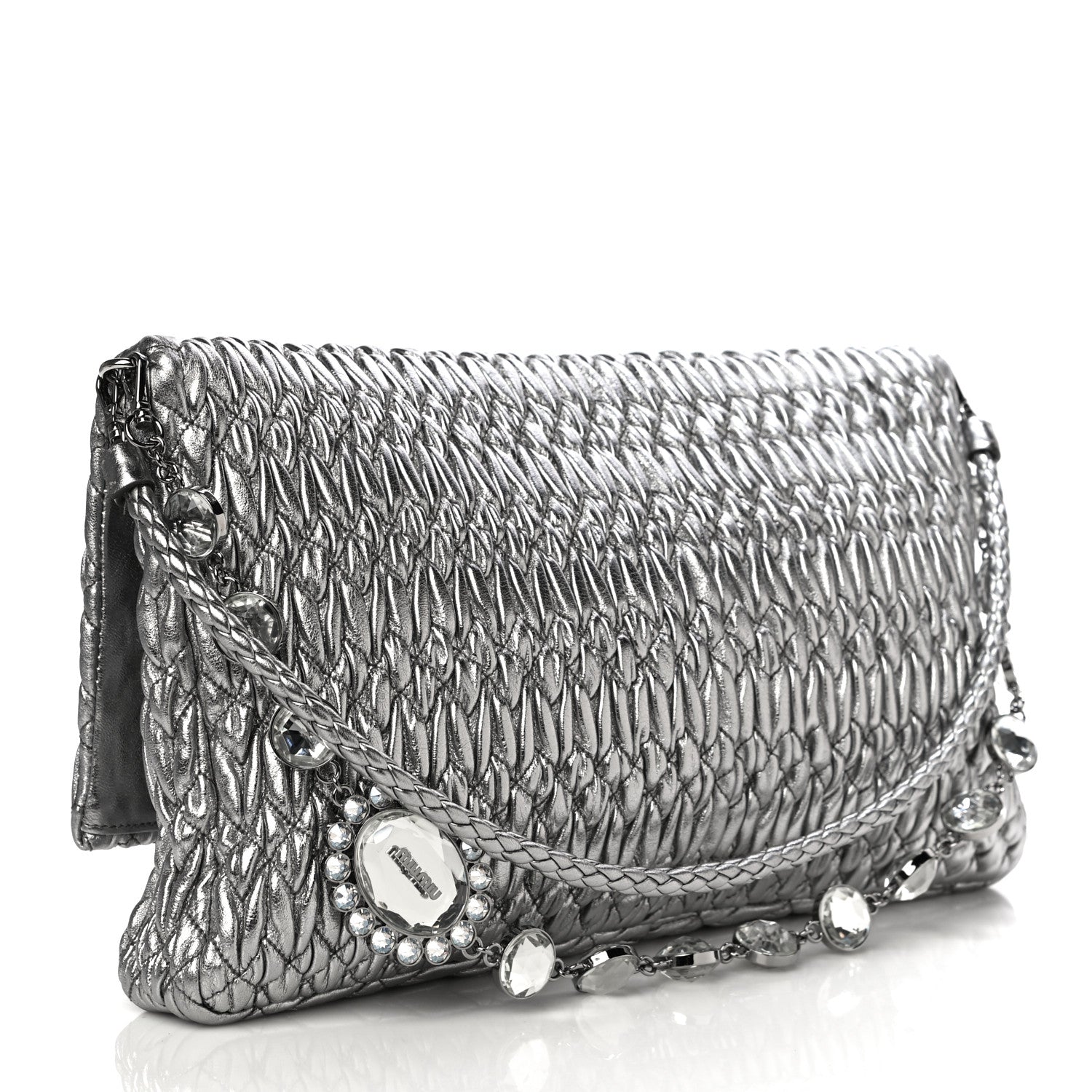 Miu Miu Nappa Matelasse Crystal Flap Clutch Cromo 3 of 12