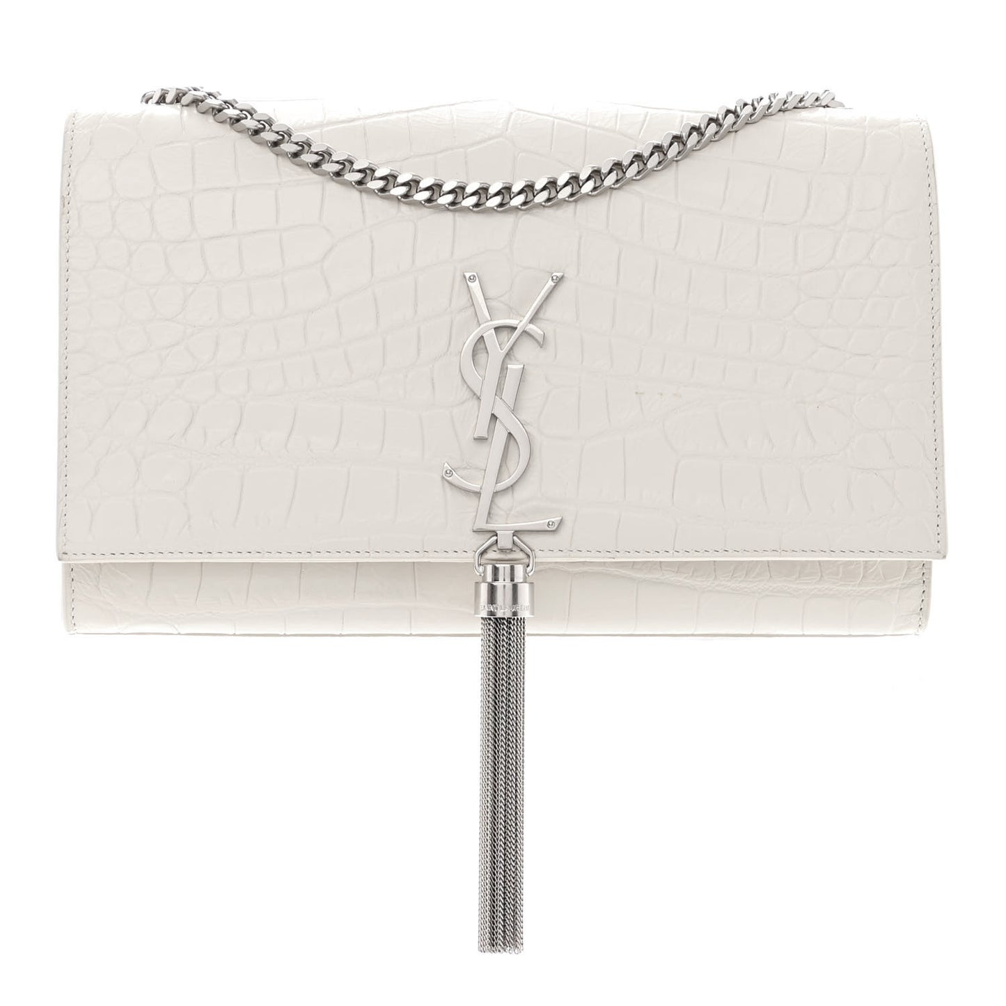 Calfskin Crocodile Embossed Medium Classic Monogram Kate Tassel Satchel Crema Soft