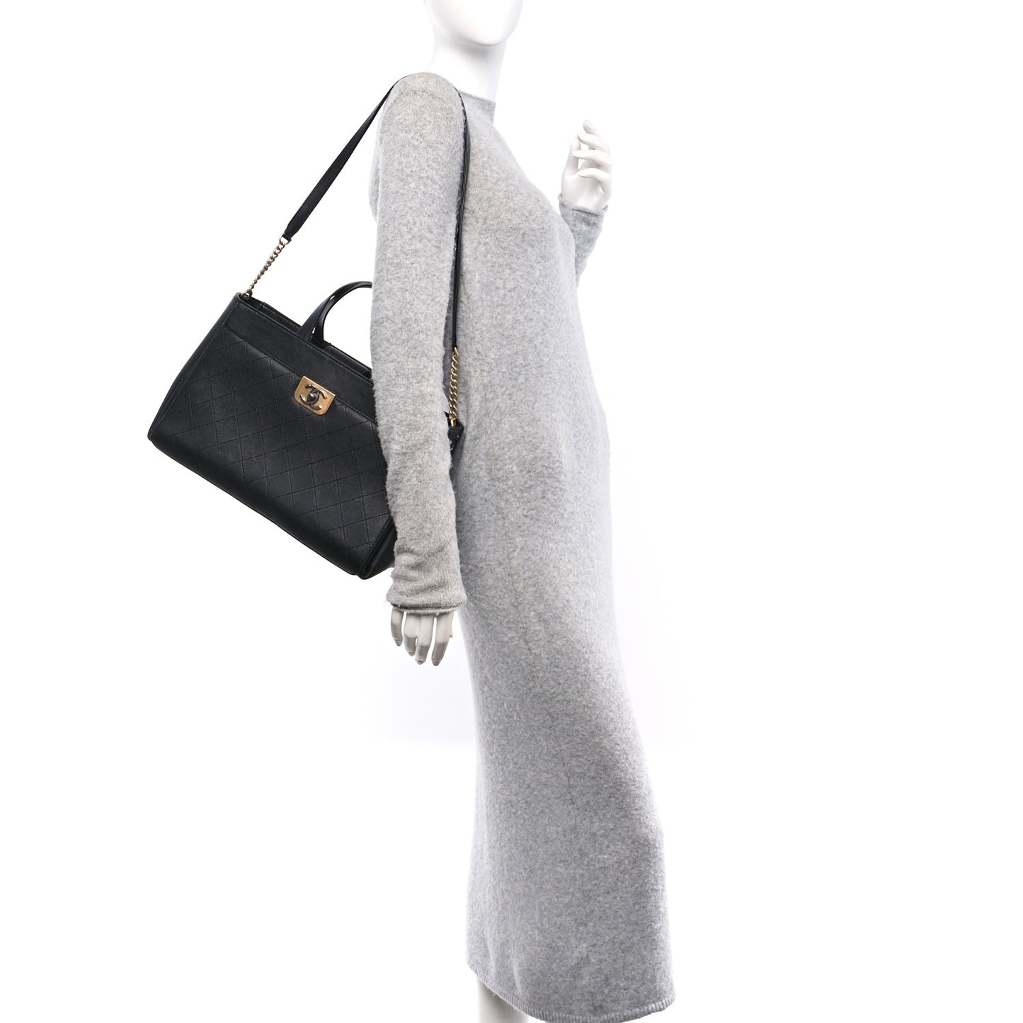 Calfskin Stitched Large Straight Lines Shopping Tote Black