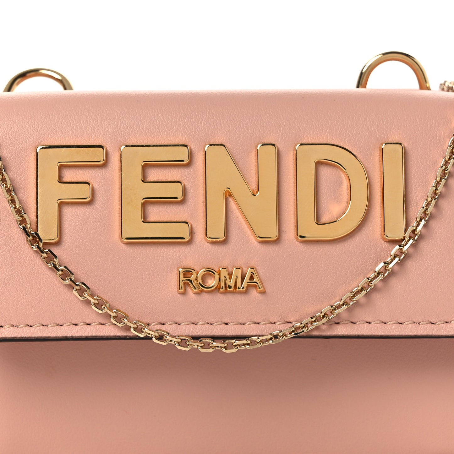 Vitello Kyoto Metal Fendi Roma Logo Micro Trifold Wallet with Chain Light Rose