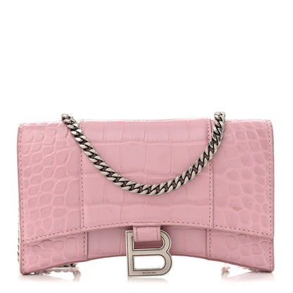 Balenciaga Shiny Calfskin Crocodile Embossed Hourglass Chain Bag Powder Pink 1 of 9