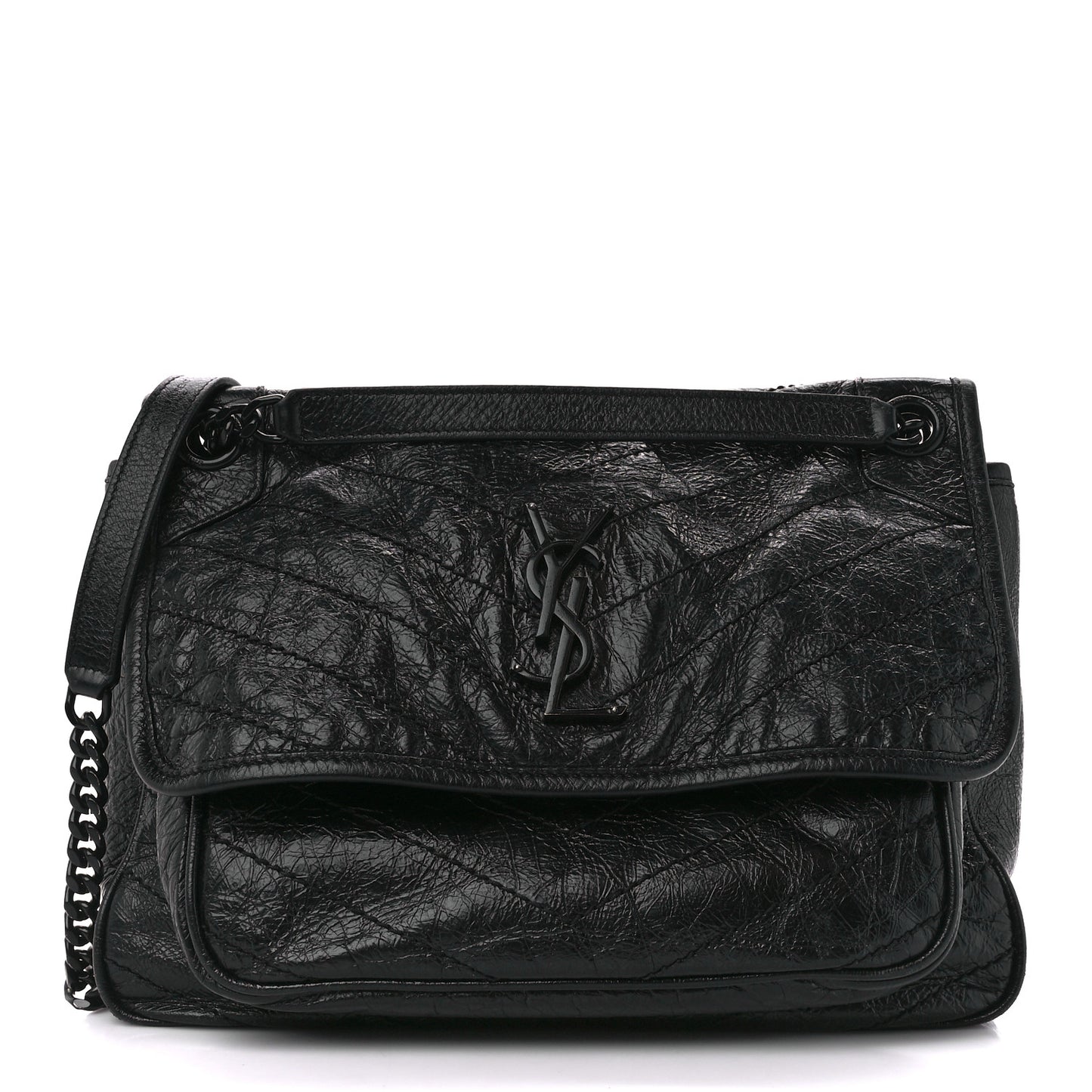 Crinkled Calfskin Matelasse Monogram Medium Niki Chain Satchel Black
