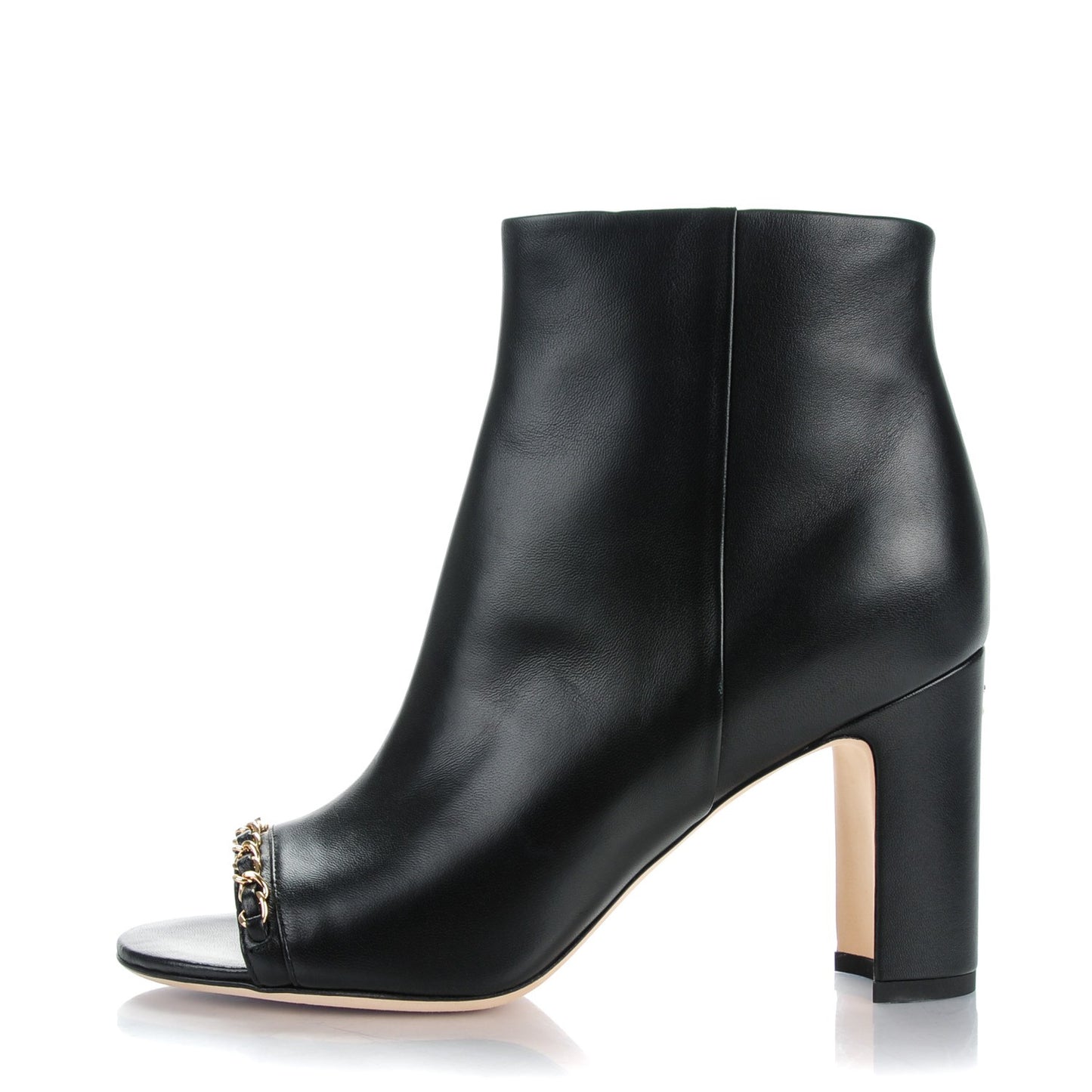 Lambskin CC Chain Peep Toe Short Boots 37 Black