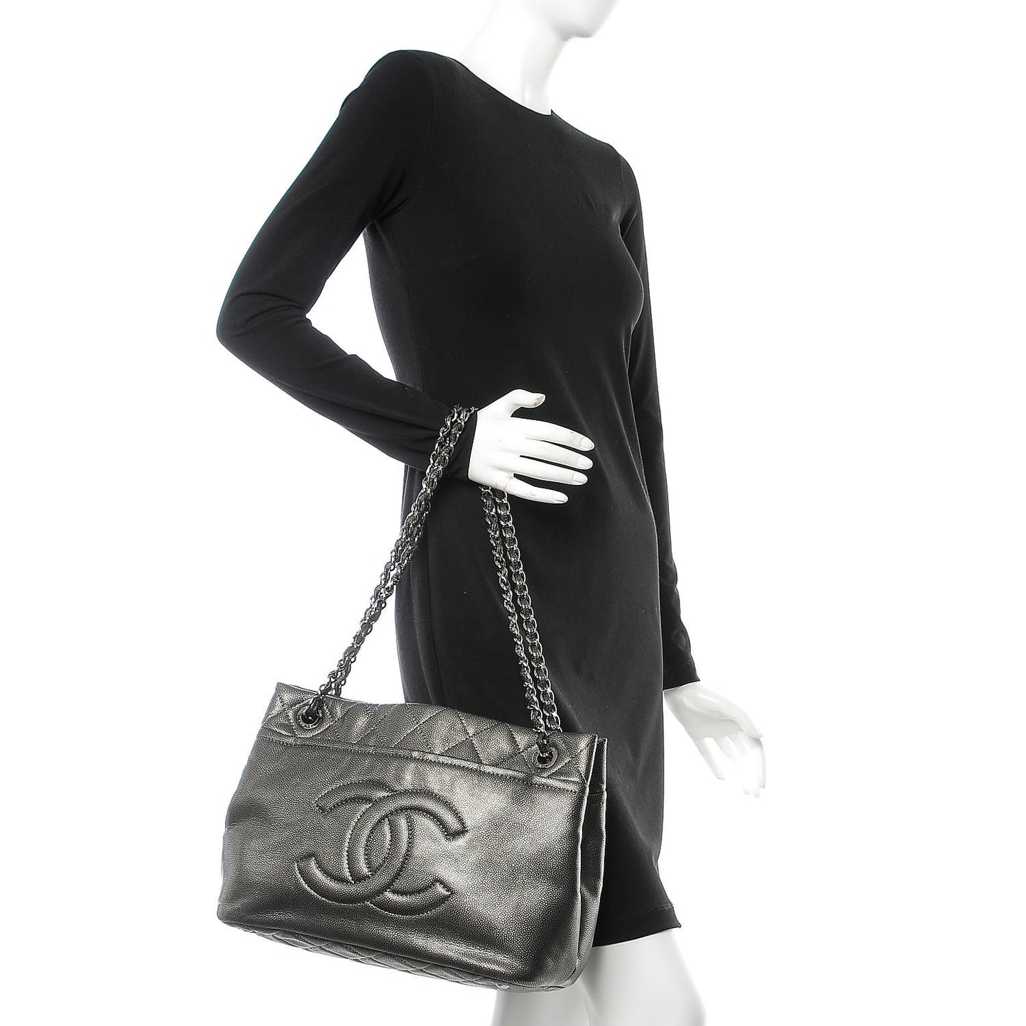 Metallic Caviar Quilted CC Timeless Tote Dark Silver
