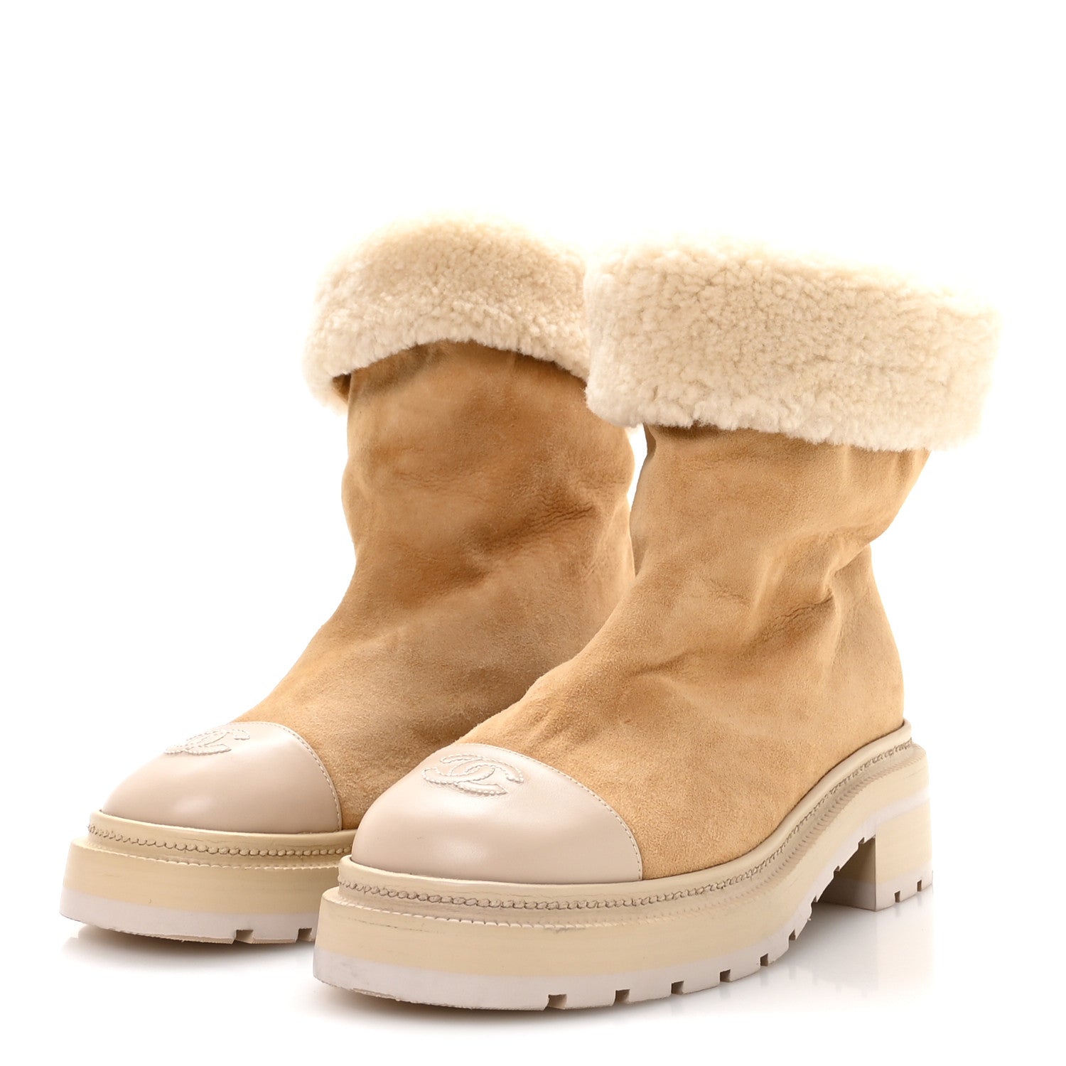 Chanel Suede Shearling Cap Toe Short Boots 38 Beige 4 of 8