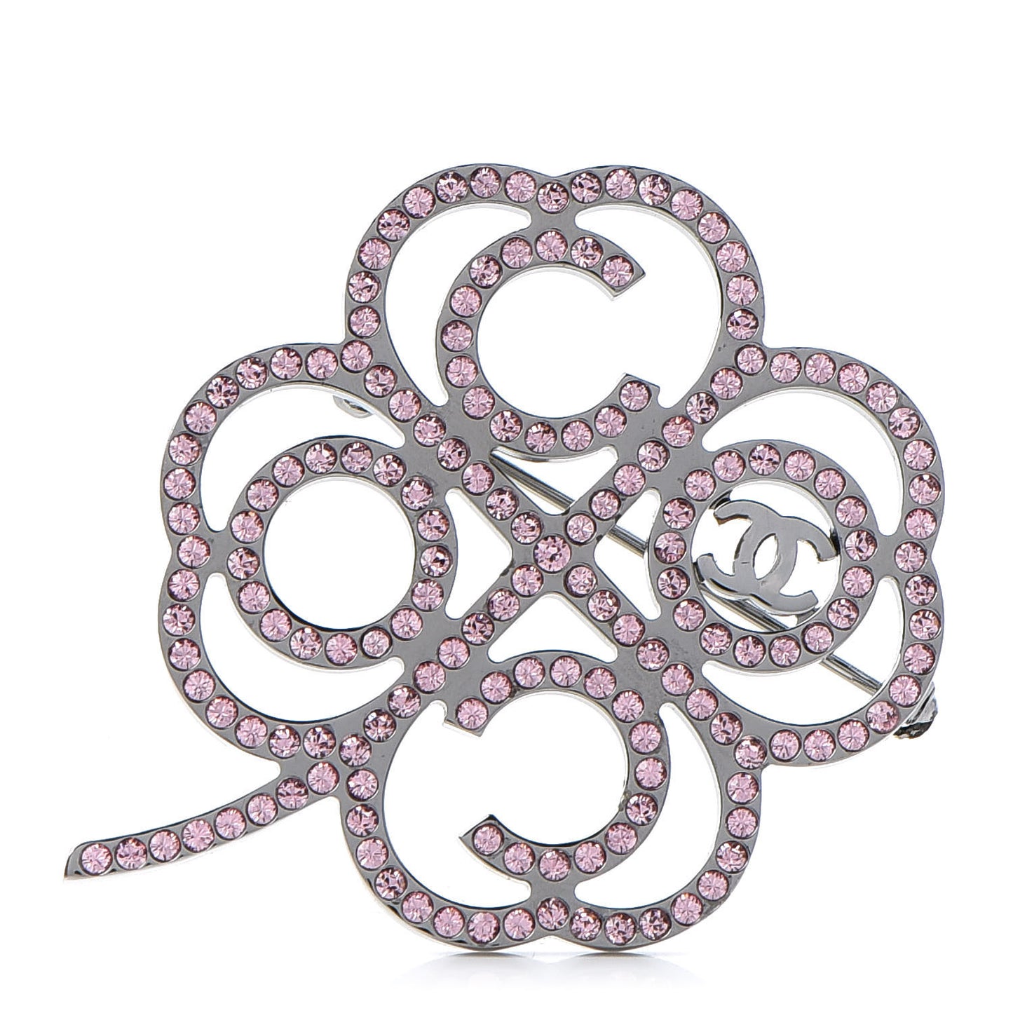 Metal Strass Clover CC Brooch Pink Ruthenium