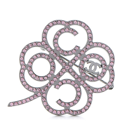 Chanel Metal Strass Clover CC Brooch Pink Ruthenium 1 of 5