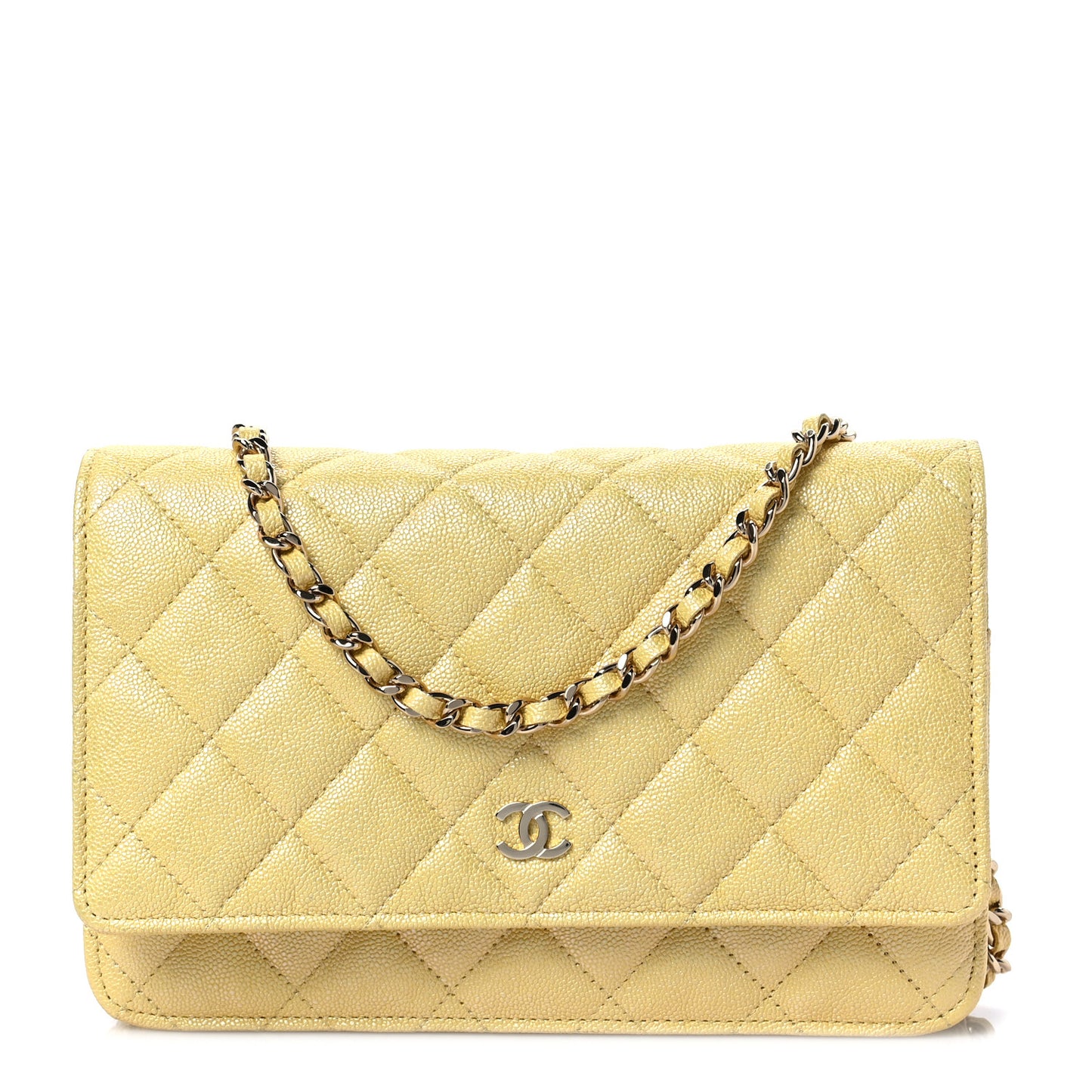Iridescent Caviar Quilted Wallet on Chain WOC Yellow