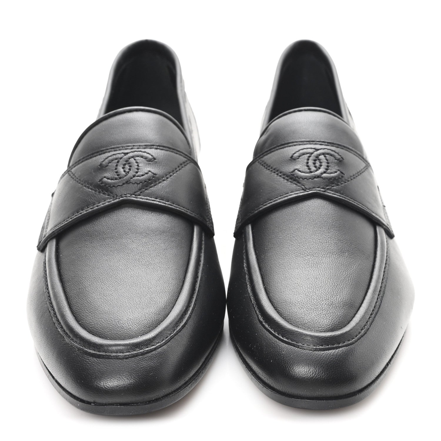 Chanel Lambskin Womens Stitched CC Loafers 38 Black 3 of 9