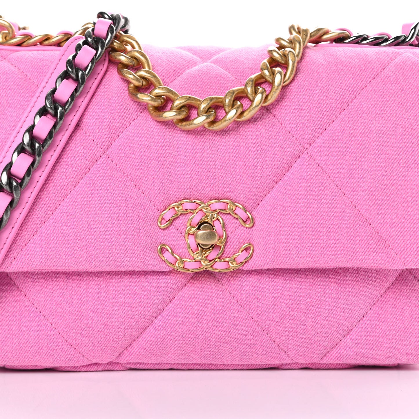 Denim Quilted Medium Chanel 19 Flap Neon Pink