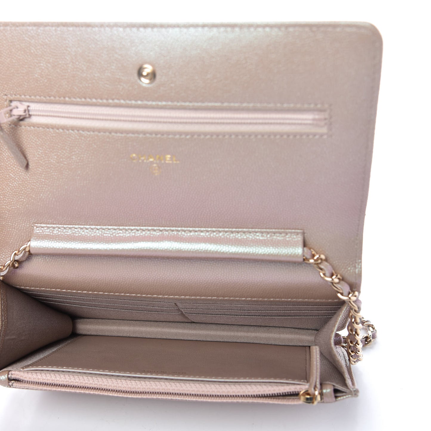 Iridescent Caviar Quilted Wallet On Chain WOC Beige