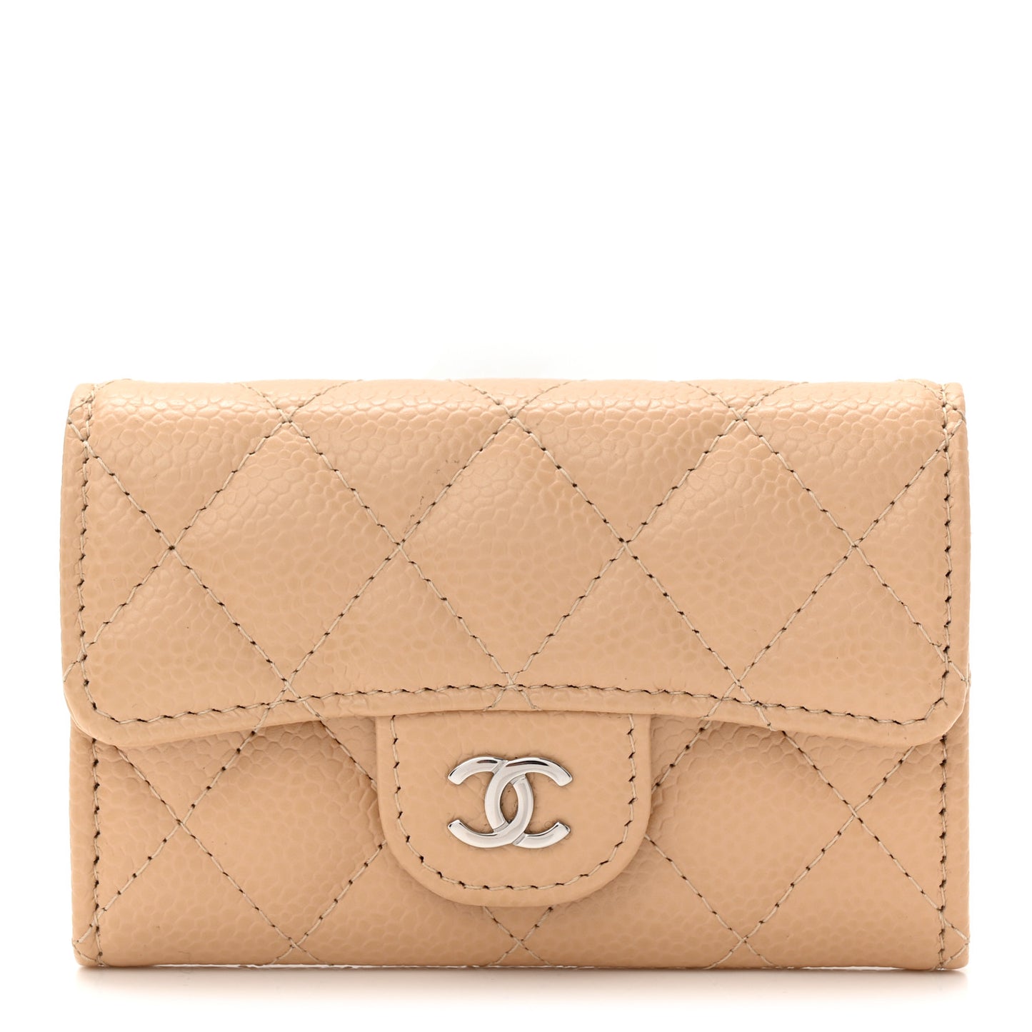 Caviar Quilted Flap Card Holder Wallet Beige
