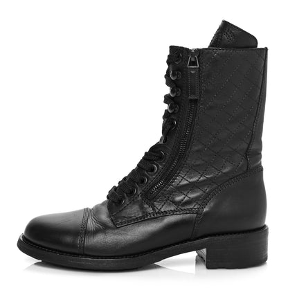 Chanel Calfskin Quilted CC Tall Lace Up Combat Boots 38 Black 1 of 7