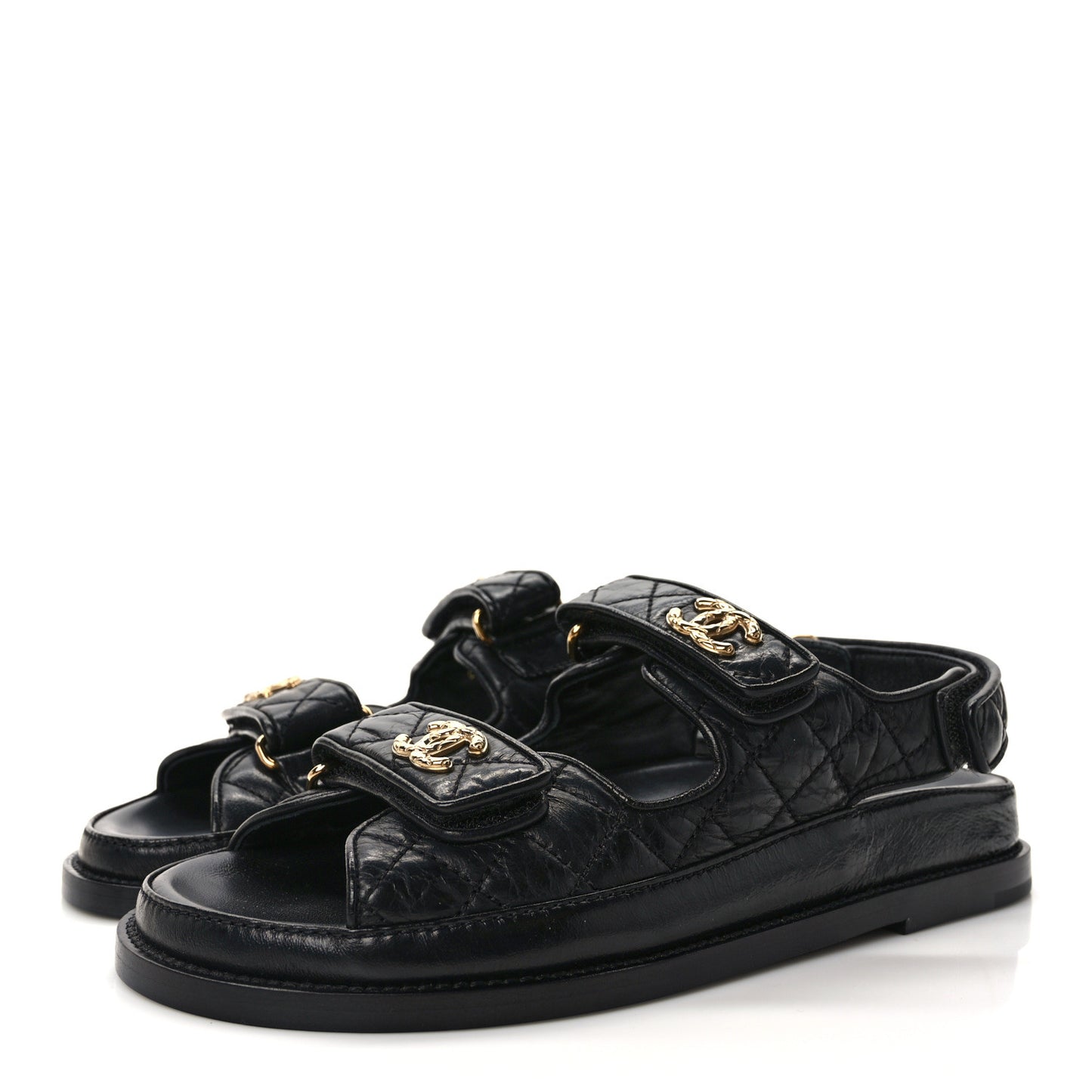 Crumpled Shiny Lambskin Velcro Dad Sandals 37.5 Black