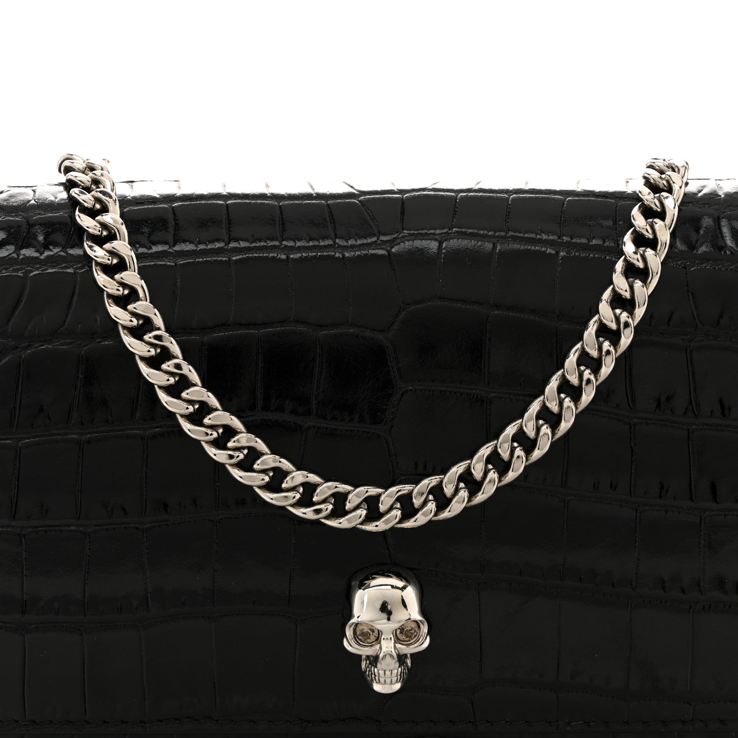 Alexander McQueen Calfskin Crocodile Embossed Skull Mini Crossbody Bag Black 8 of 12