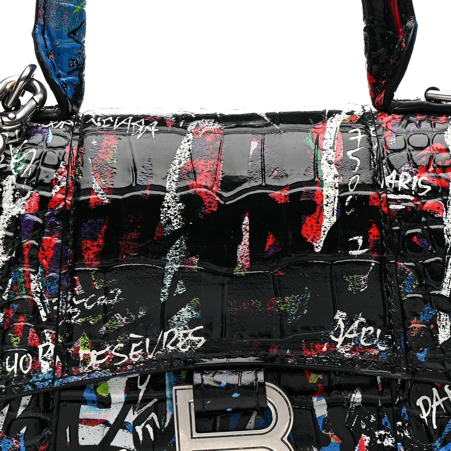 Calfskin Graffiti Crocodile Embossed Hourglass Top Handle Bag XS Black Multicolor