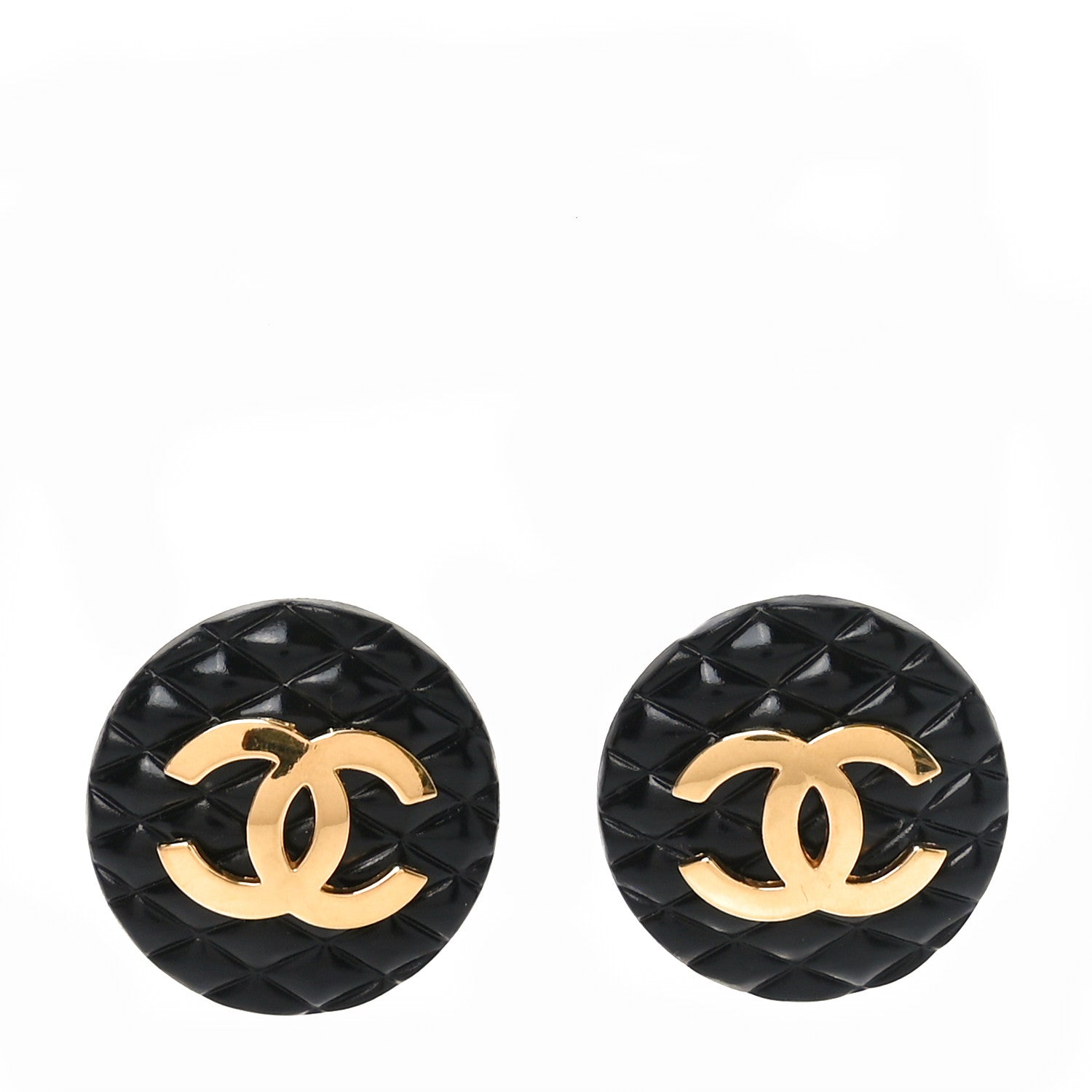 Chanel Enamel Quilted CC Clip On Earrings Black Gold 1 of 4