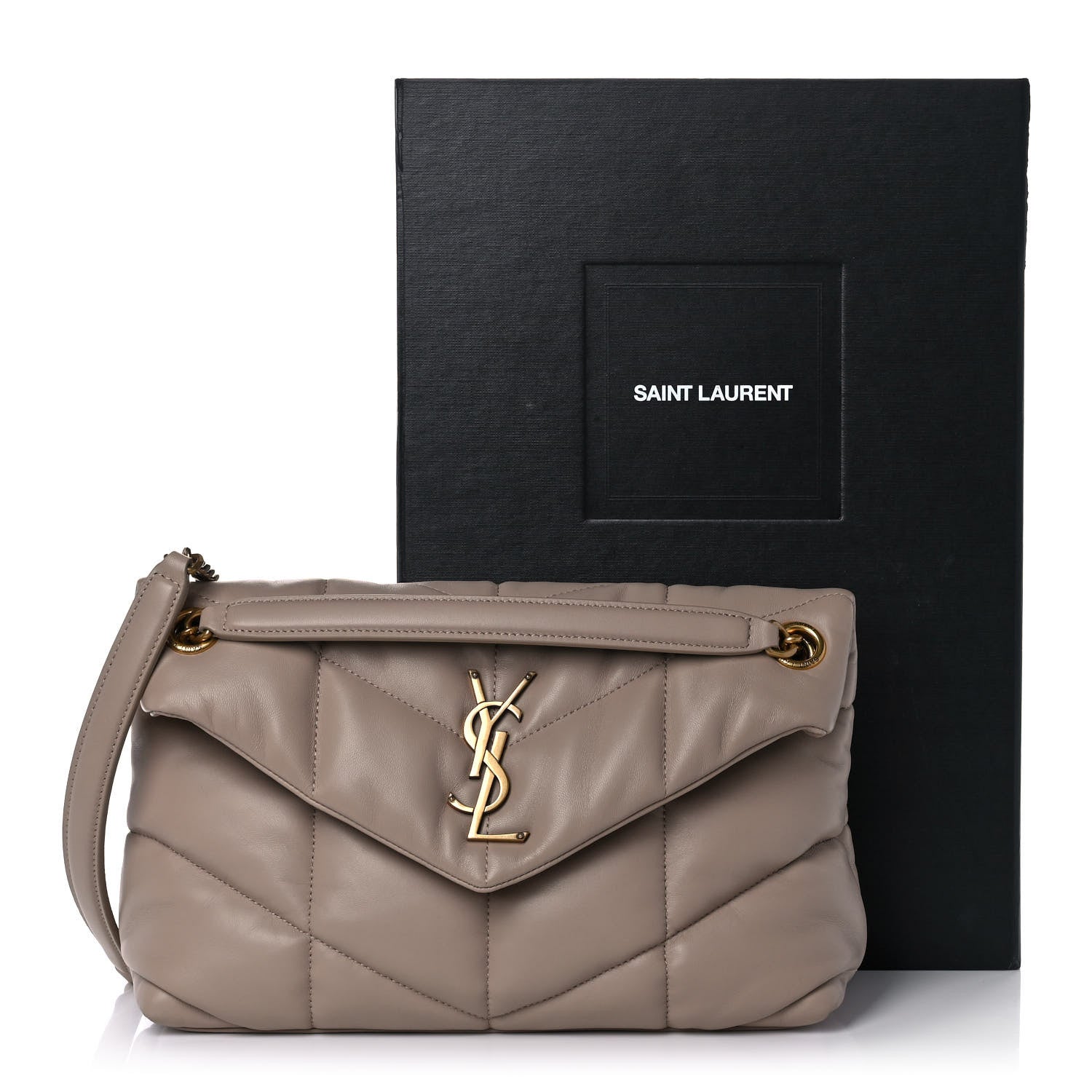 Saint Laurent Lambskin Quilted Small Loulou Puffer Monogram Chain Satchel Dark Beige 11 of 11