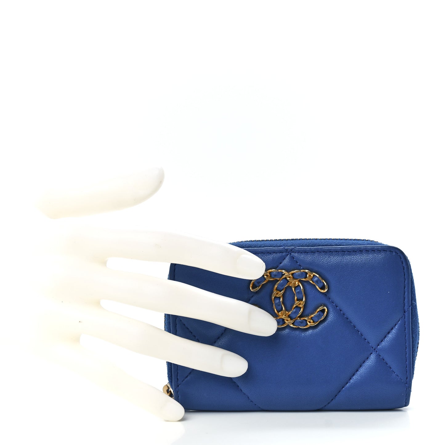 Lambskin Quilted Chanel 19 Zip Around Coin Purse Wallet Dark Blue