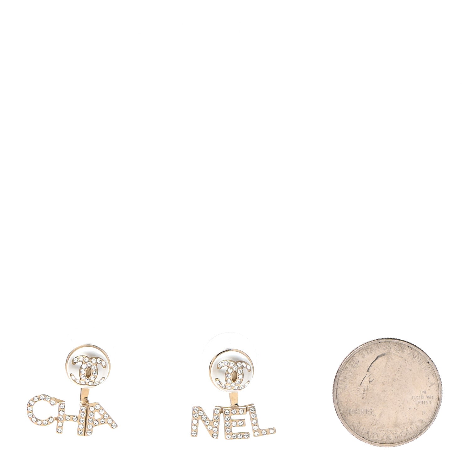 Chanel Pearl Crystal Logo Earrings Gold Pearly White 2 of 4