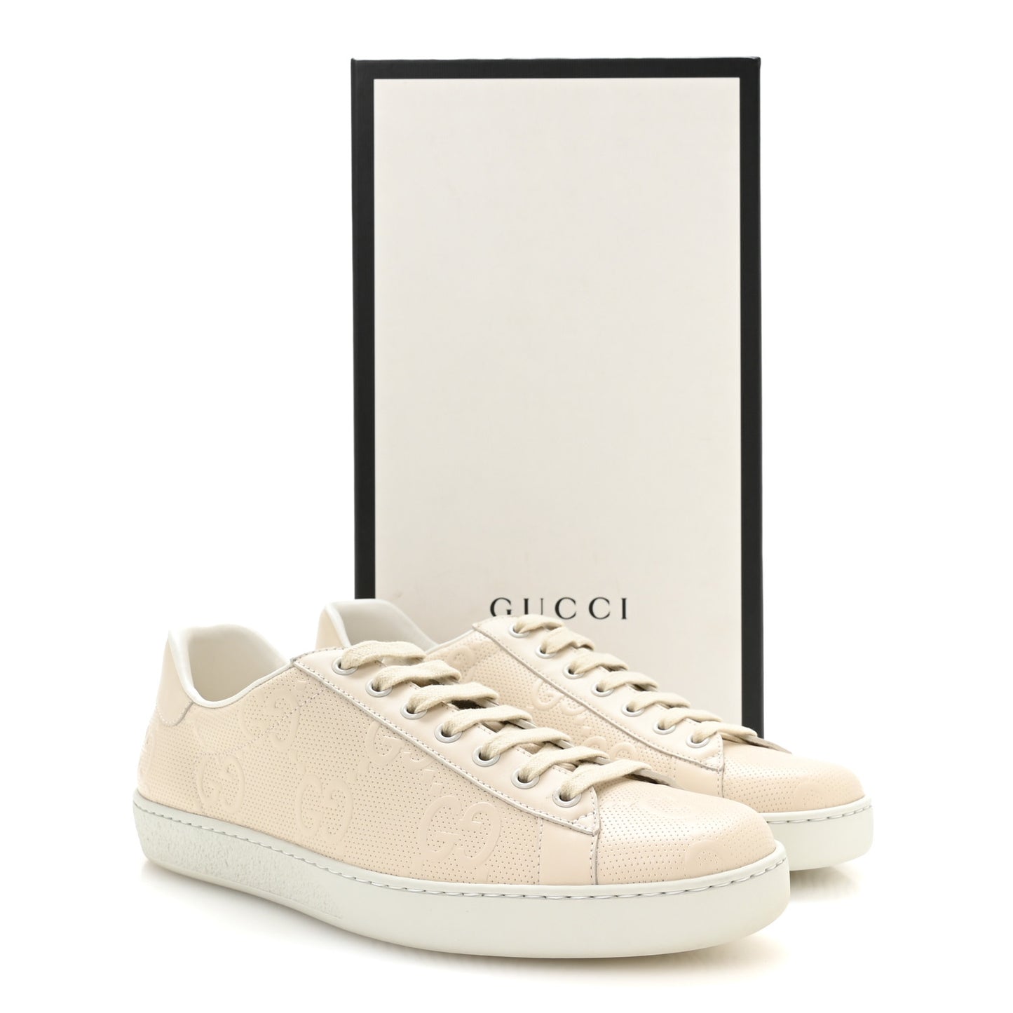 Calfskin GG Tennis Embossed Mens Ace Sneakers 8 Mystic White