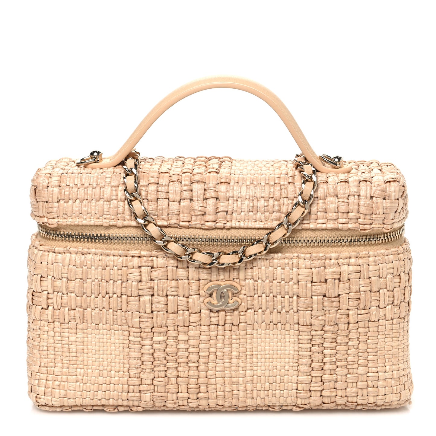 Braided Raffia Quilted Top Handle Slim Vanity Case With Chain Beige