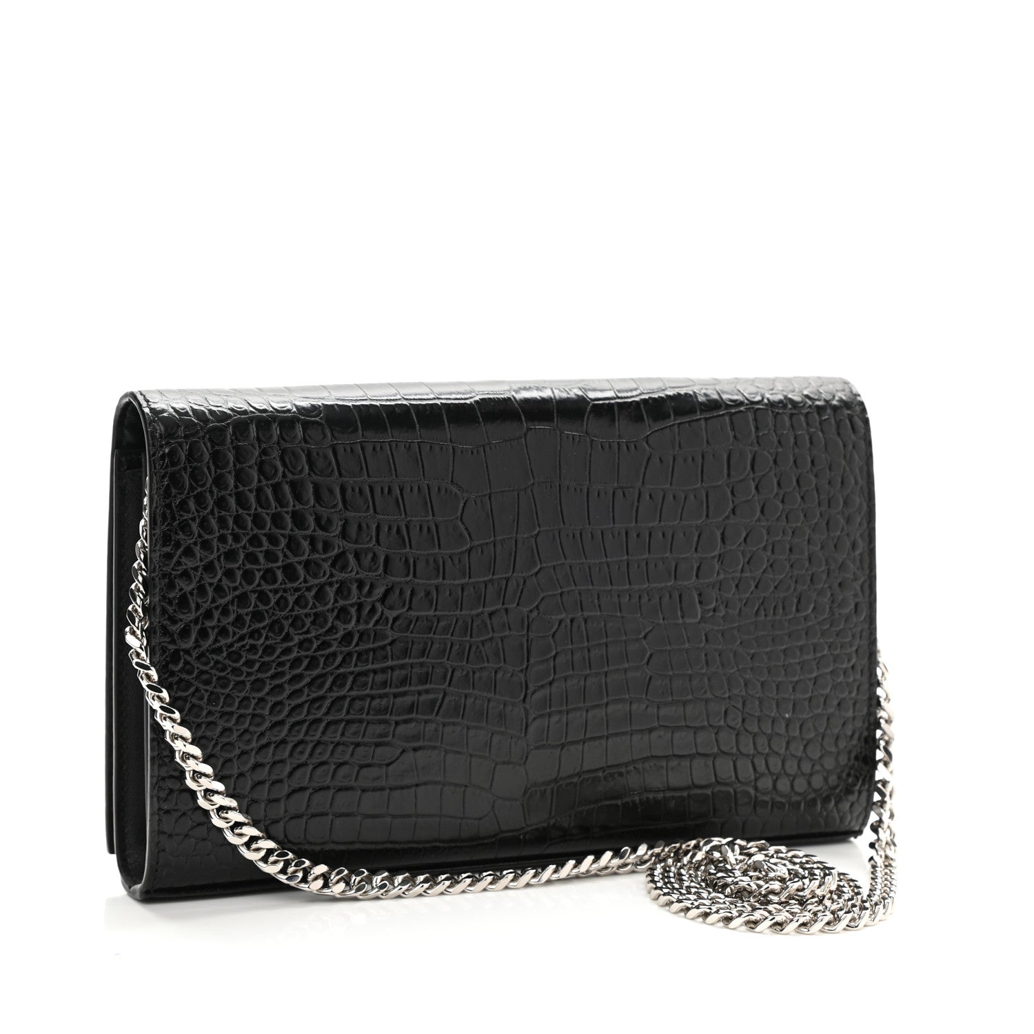 Saint Laurent Calfskin Crocodile Embossed Monogram Chain Wallet Black 3 of 8
