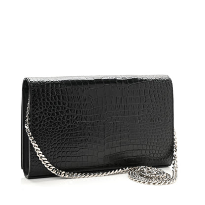 Saint Laurent Calfskin Crocodile Embossed Monogram Chain Wallet Black 3 of 8