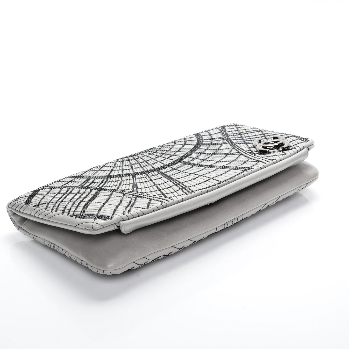 Calfskin Sequin Embellished Clutch Flap Grey Black