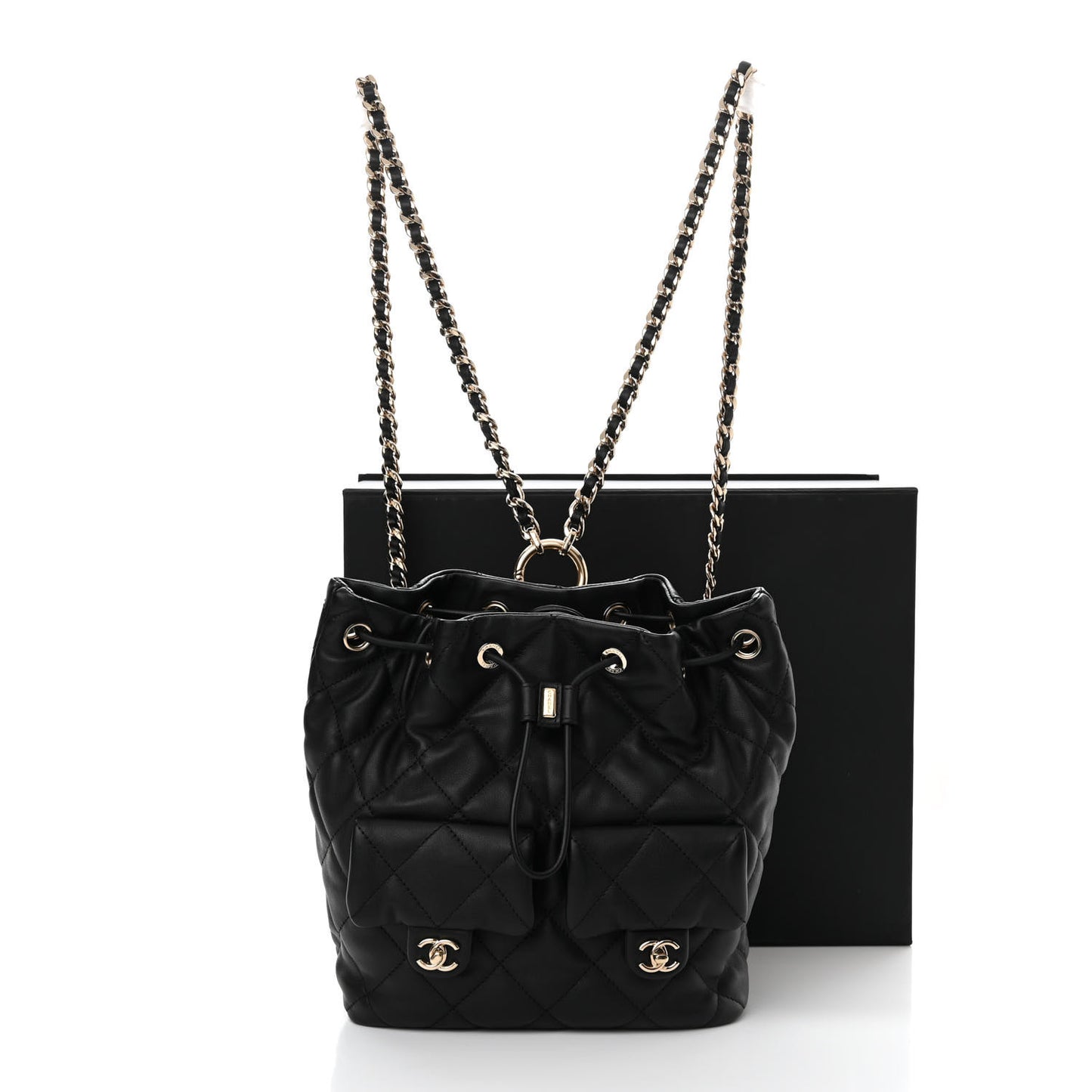 Calfskin Quilted Double Pocket Drawstring Backpack Black