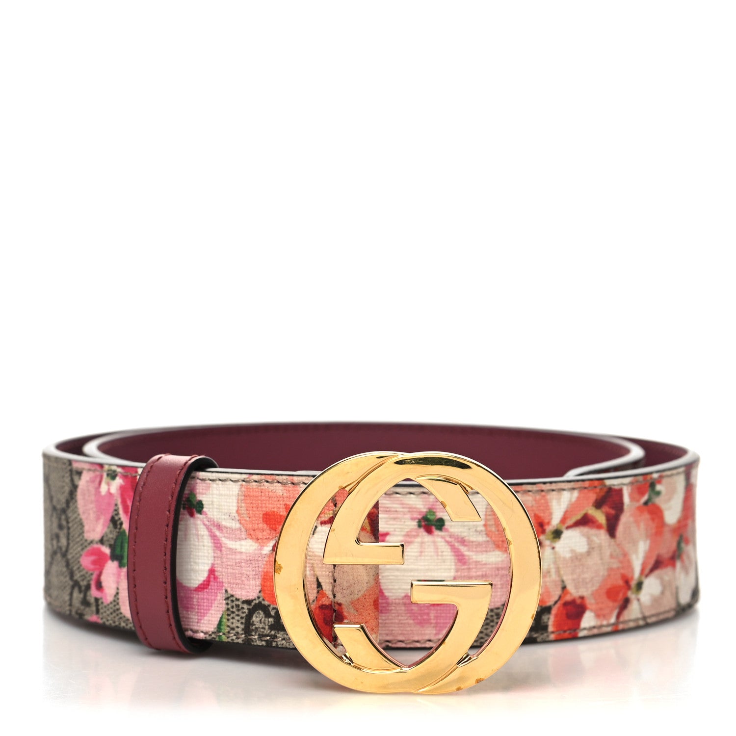 Gucci GG Supreme Monogram Blooms Moon Calfskin Interlocking G 37mm Belt 80 32 Beige Ebony Multicolor Dry Rose 1 of 6