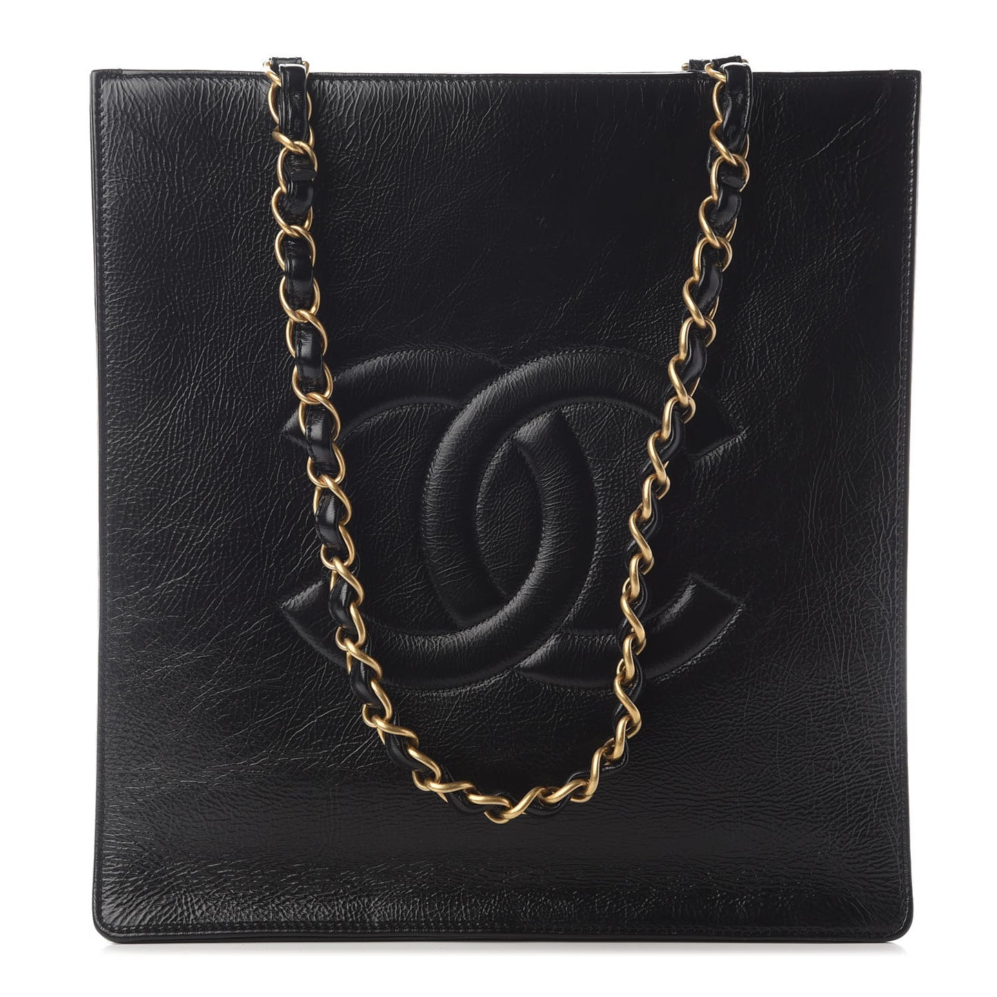 Shiny Aged Calfskin North South Shopping Bag Black