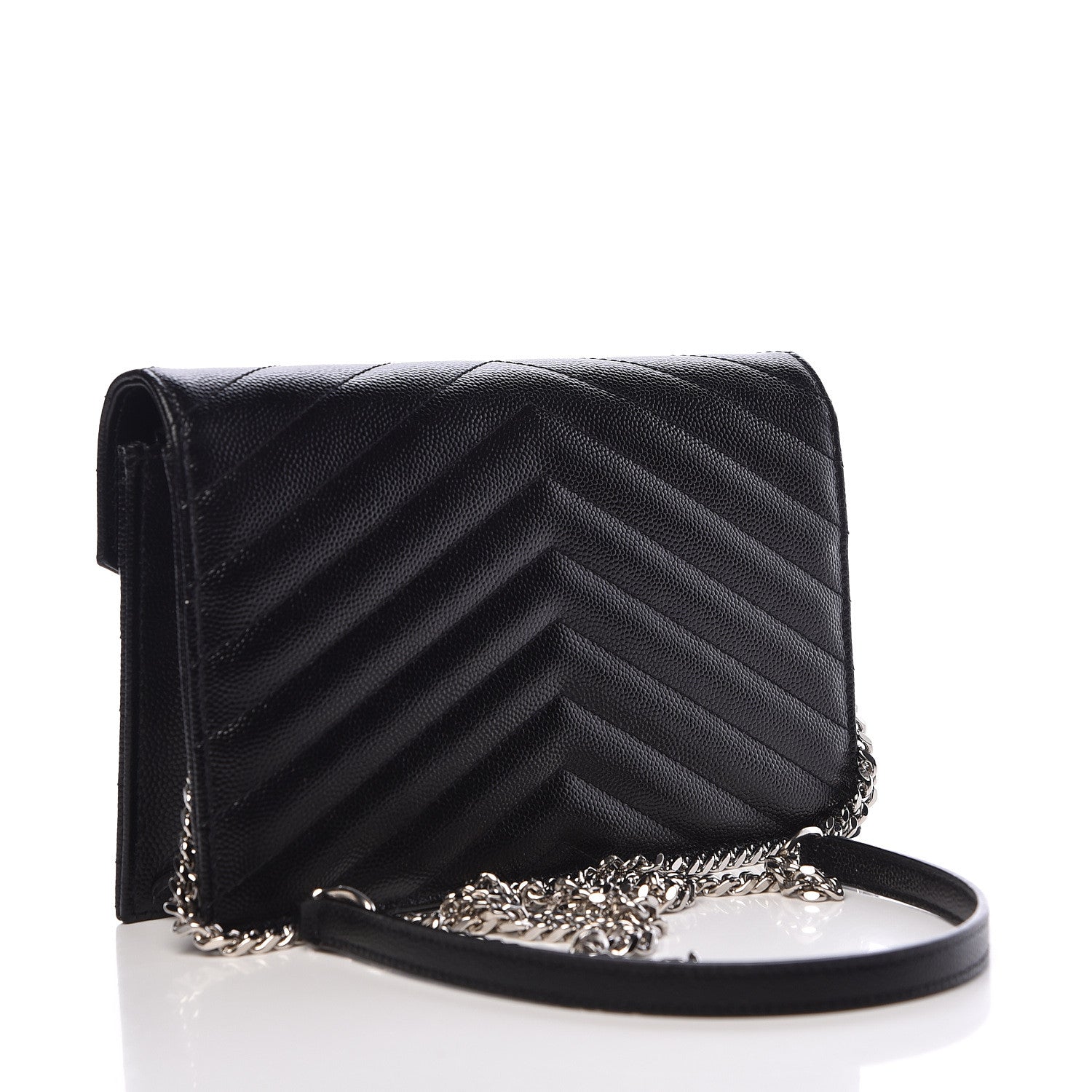 Saint Laurent Grain De Poudre Matelasse Chevron Monogram Envelope Chain Wallet Black 3 of 12