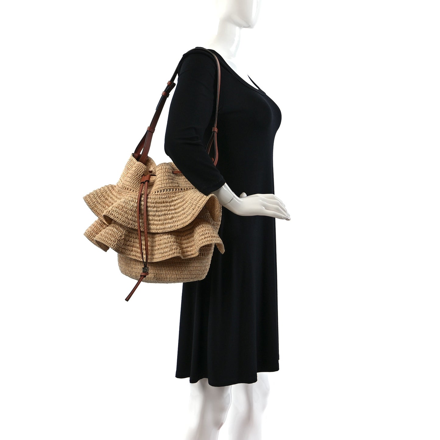 Raffia Calfskin Balloon Ruffles Bucket Bag Natural Tan