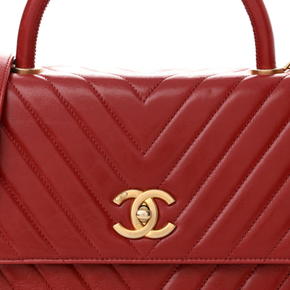 Chanel Aged Calfskin Chevron Quilted Large Coco Handle Flap Red 8 of 16