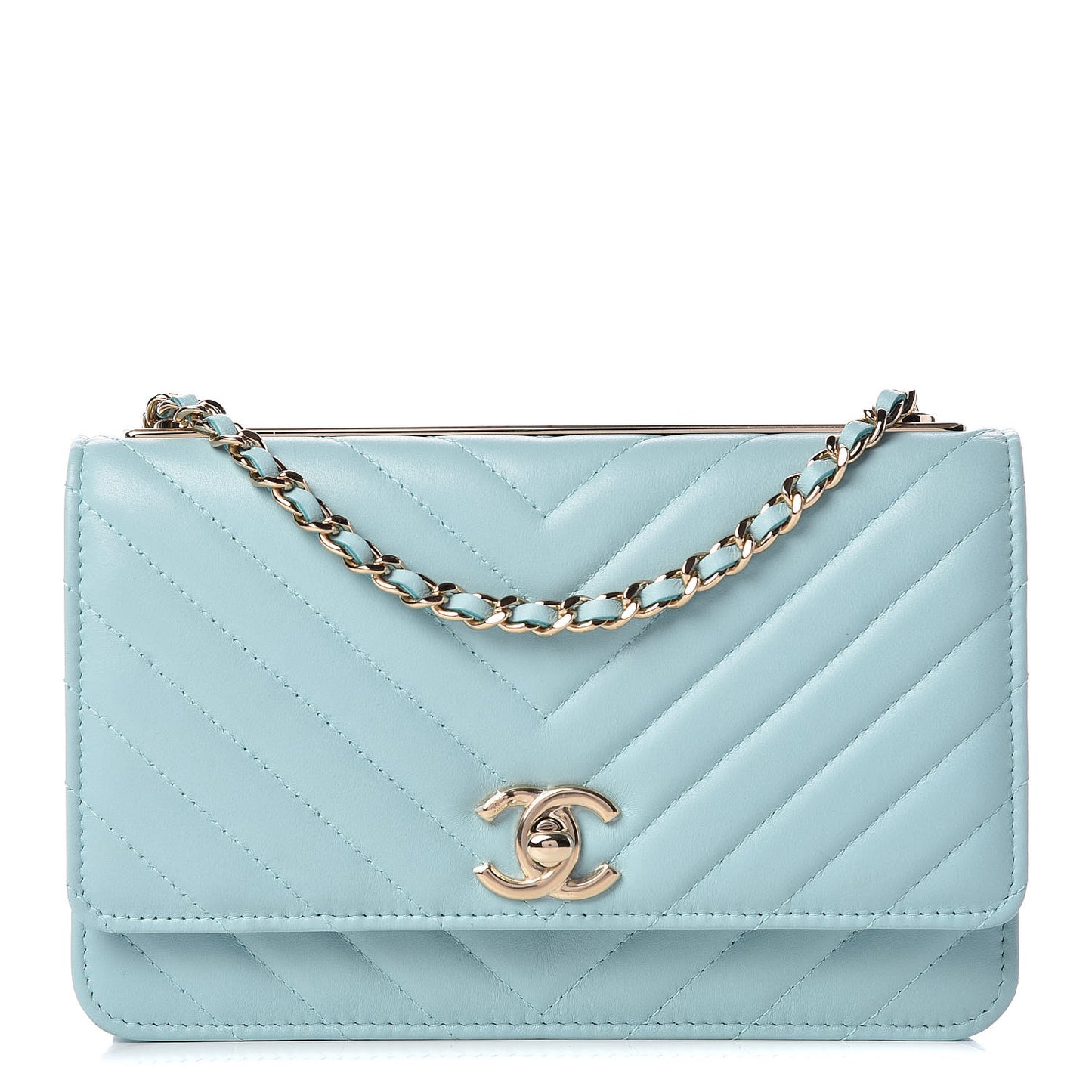 Lambskin Chevron Quilted Trendy CC Wallet On Chain WOC Light Blue