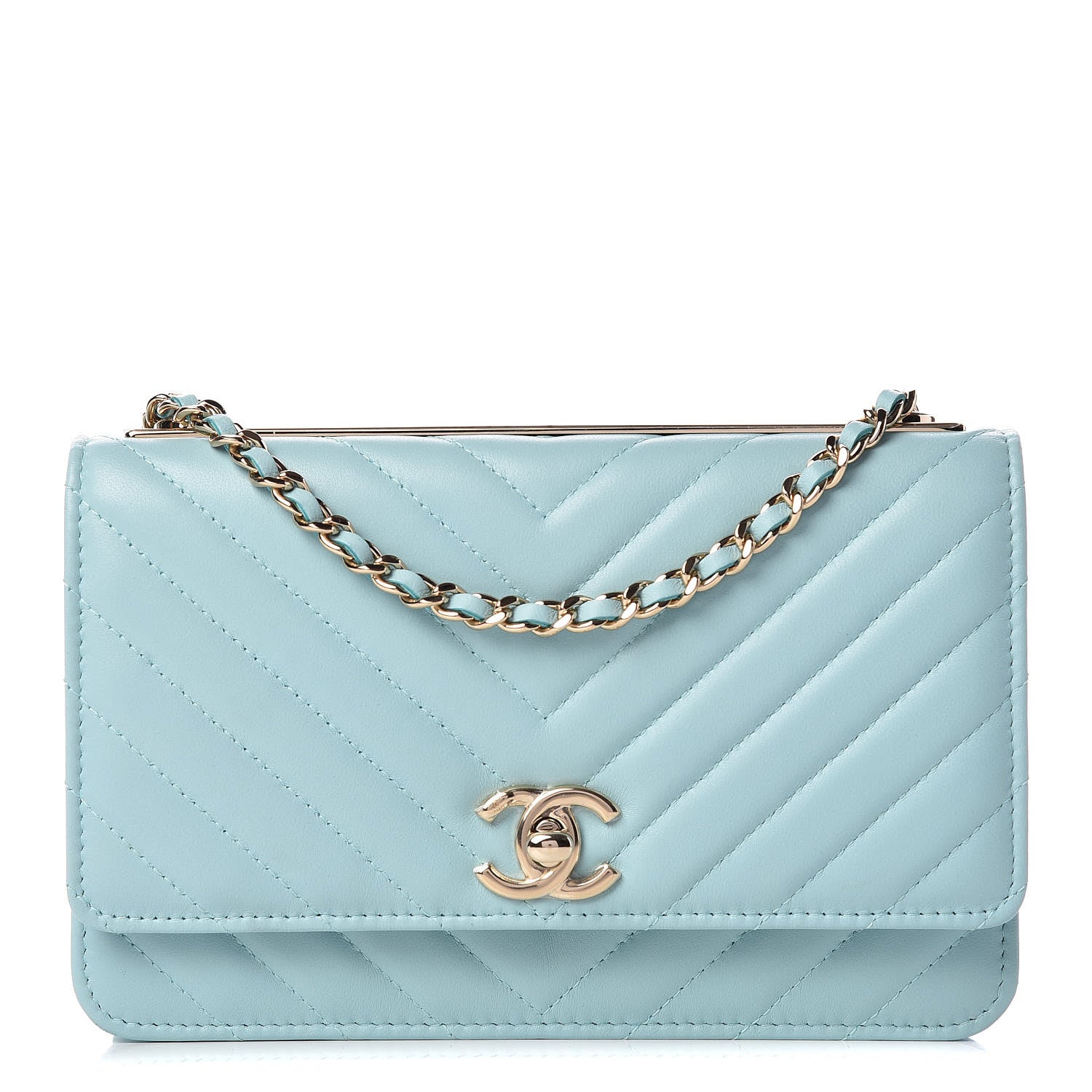 Chanel Lambskin Chevron Quilted Trendy CC Wallet On Chain WOC Light Blue 1 of 11