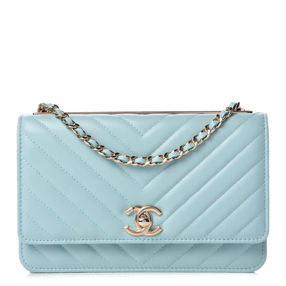 Chanel Lambskin Chevron Quilted Trendy CC Wallet On Chain WOC Light Blue 1 of 11