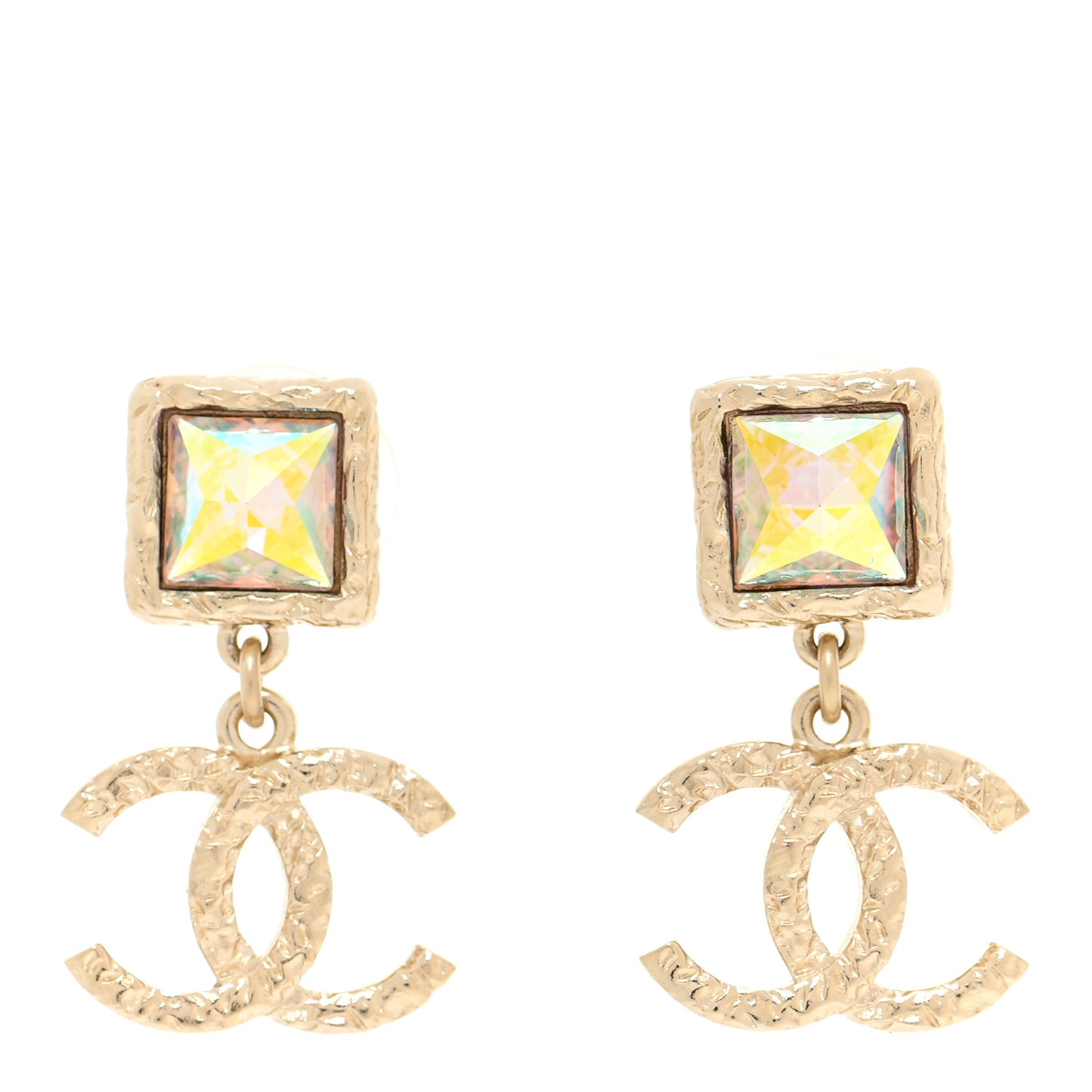 Iridescent Baguette Crystal CC Drop Earrings Gold