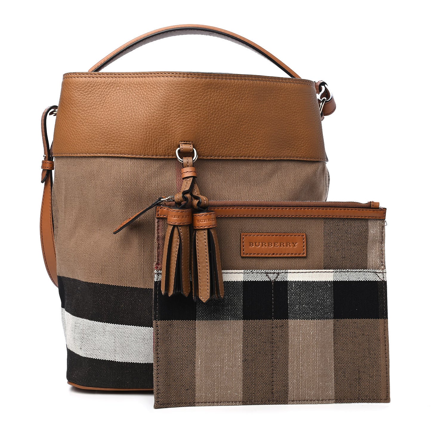 Grainy Calfskin Canvas Mega Check Medium Ashby Tassel Hobo Saddle Brown