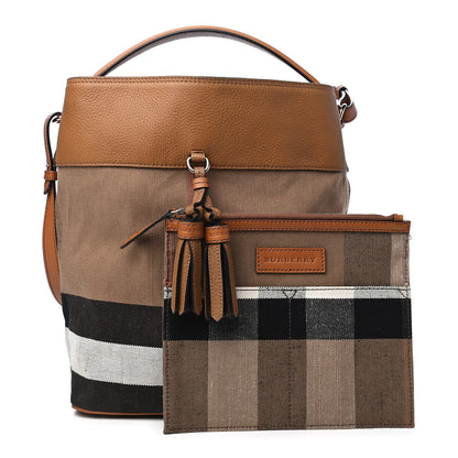 Burberry Grainy Calfskin Canvas Mega Check Medium Ashby Tassel Hobo Saddle Brown 1 of 9