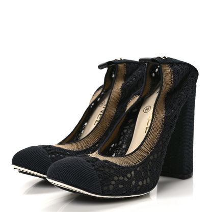 Chanel Knit Lace Grosgrain Cap Toe CC Pumps 37.5 Black Beige 3 of 8