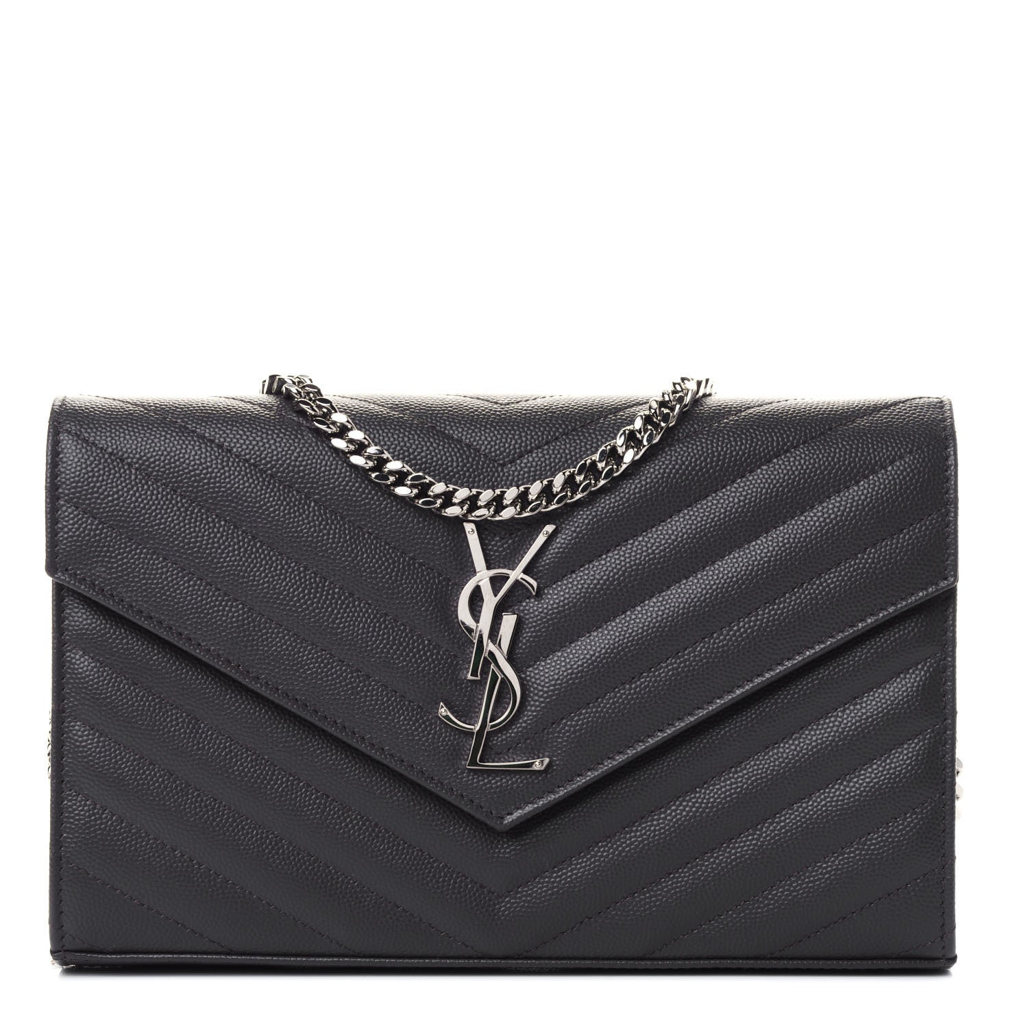 Saint Laurent Grain De Poudre Matelasse Chevron Monogram Chain Wallet Storm 1 of 4