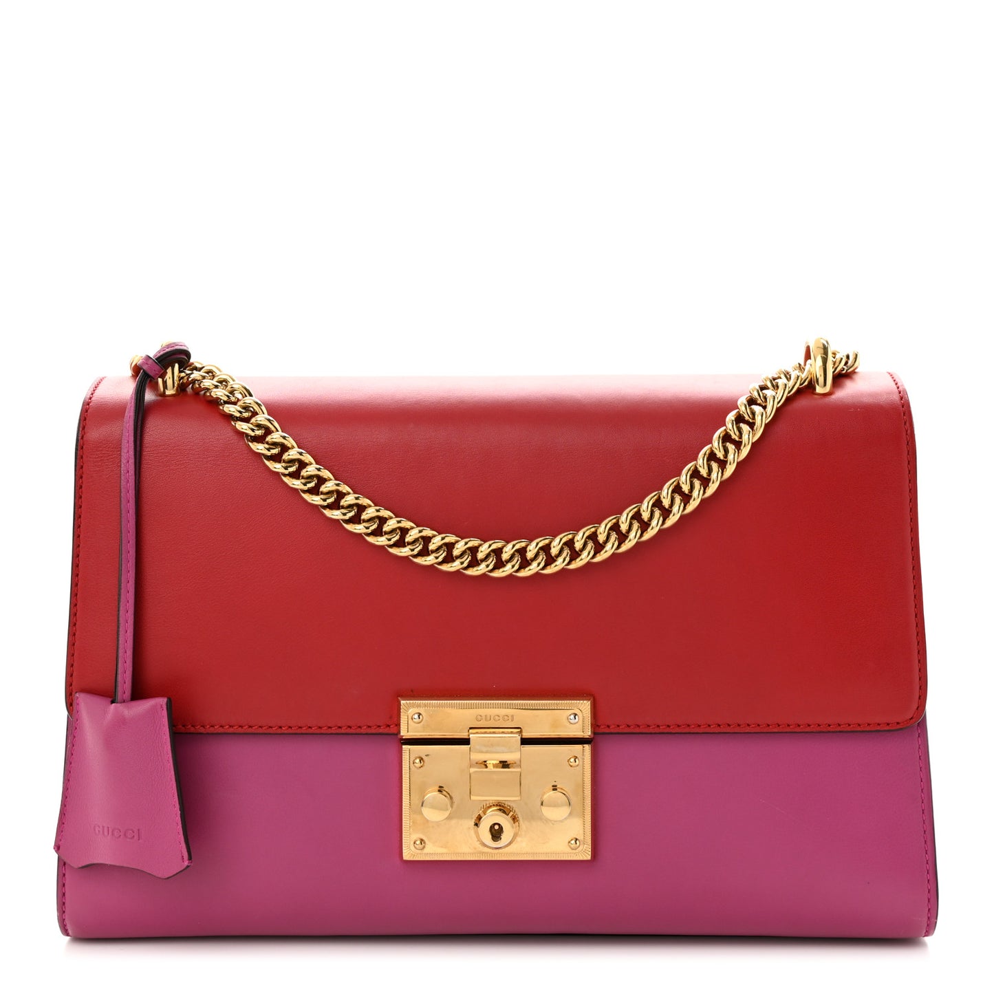 Moon Calfskin Bi-Color Medium Padlock Shoulder Bag New Rosette Hibiscus Red