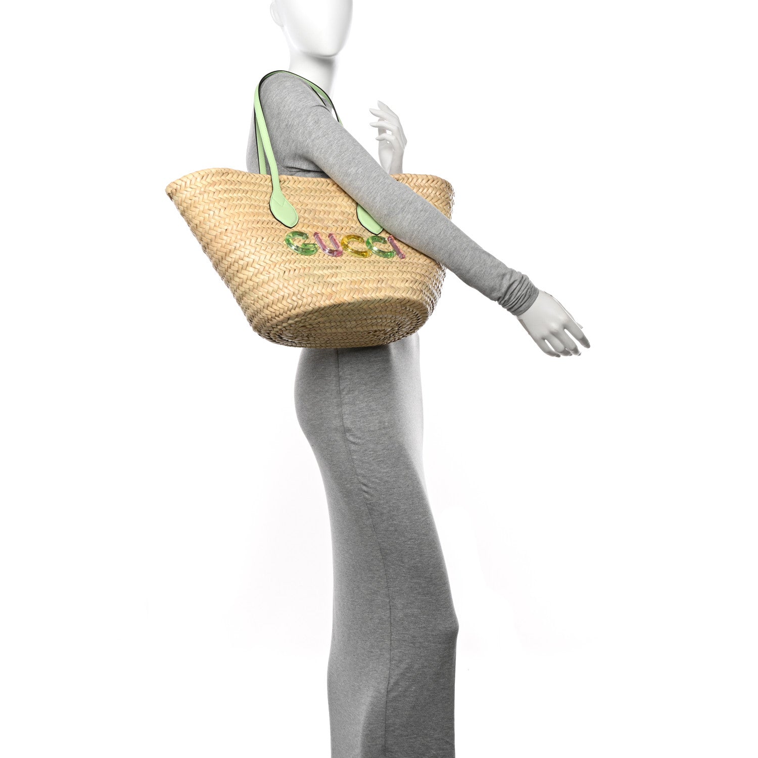 Gucci Straw Calfskin Plexiglass Small Logo Tote Pale Green 2 of 12