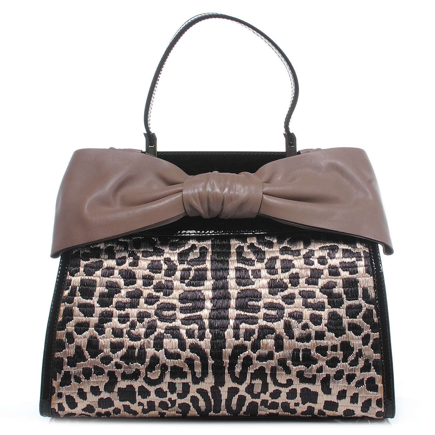 Valentino Garavani Patent Raffia Leopard Print Medium Aphrodite Bow Satchel Black 1 of 7