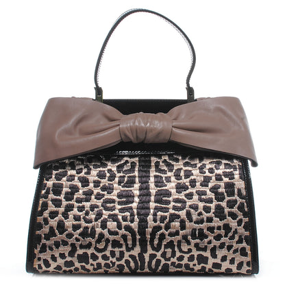 Valentino Garavani Patent Raffia Leopard Print Medium Aphrodite Bow Satchel Black 1 of 7