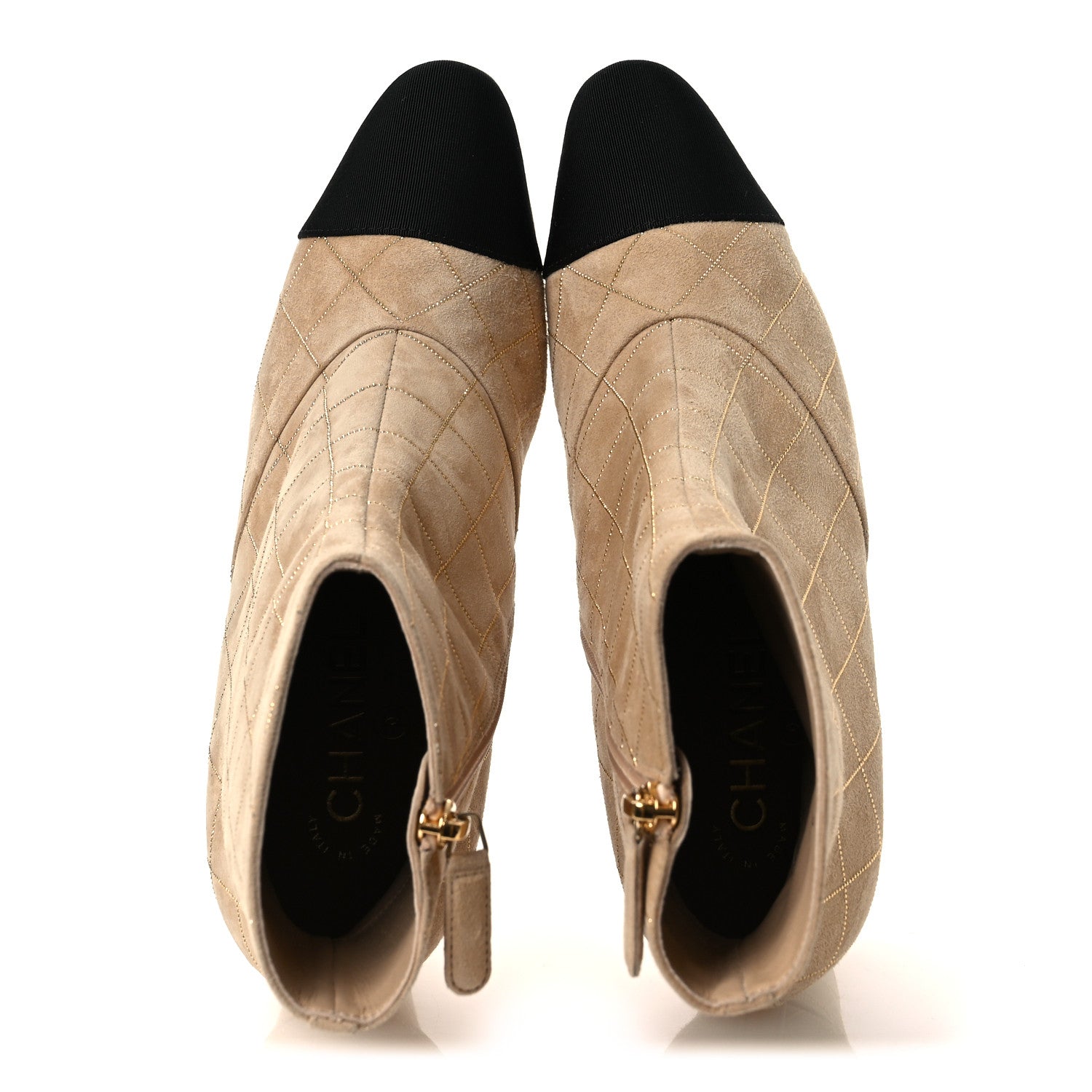 Chanel Suede Goatskin Grosgrain Cap Toe Shorts Boots 37 Beige Golden Black 2 of 12