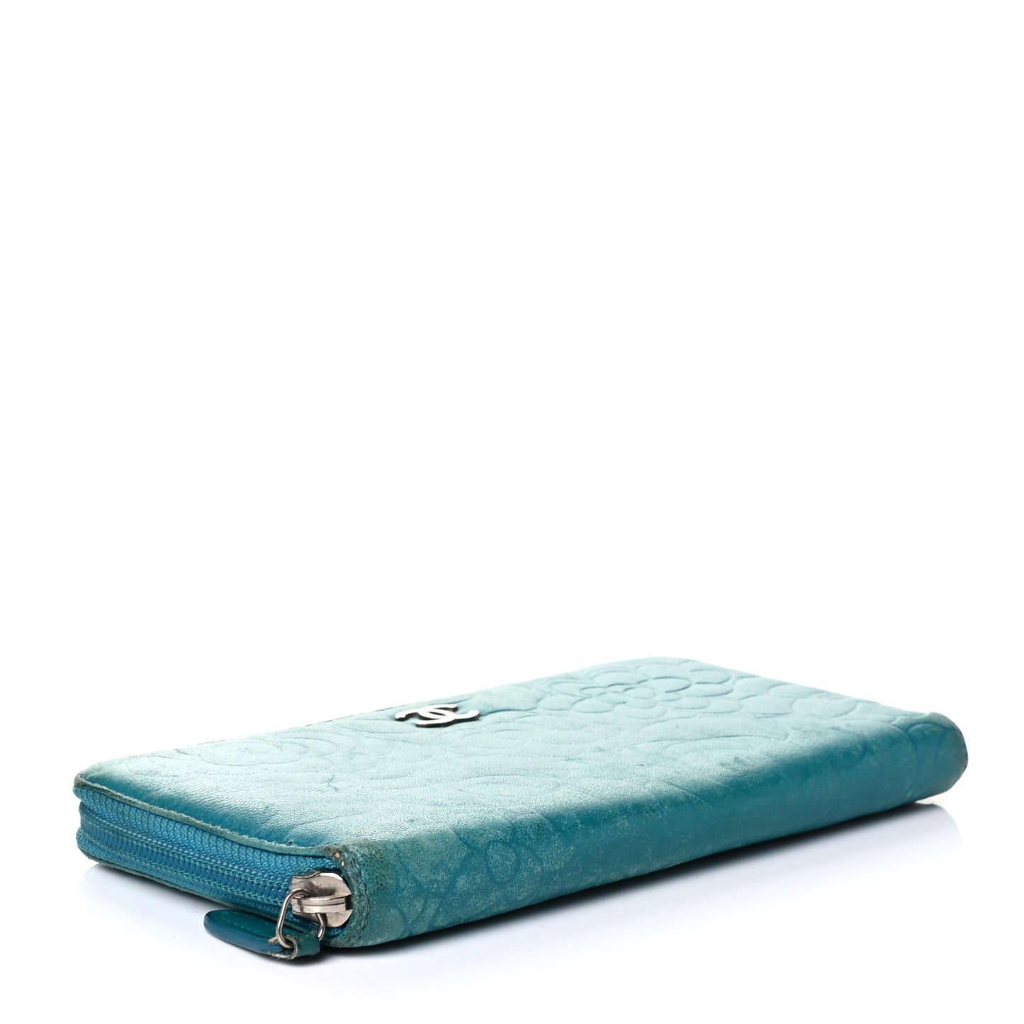 Lambskin Camellia Embossed Large Gusset Zip Around Wallet Blue